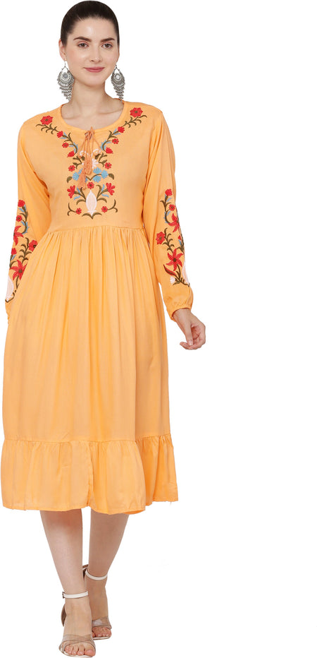 PAVONINE Peach Color Flower Embroidery Dress For Women