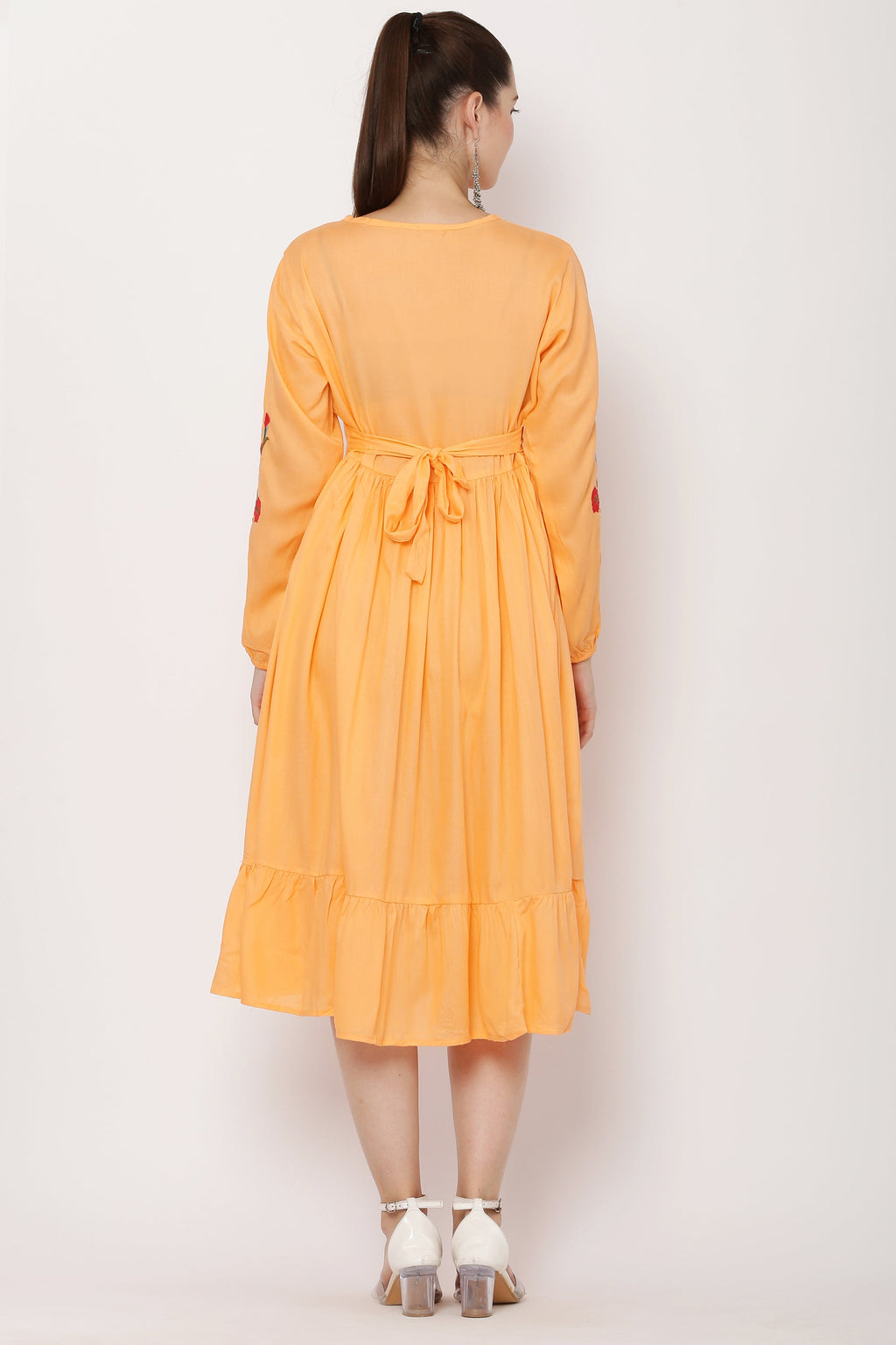 PAVONINE Peach Color Flower Embroidery Dress For Women - Distacart