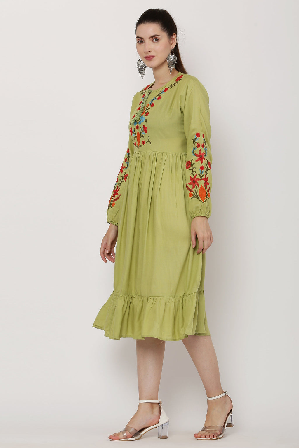 PAVONINE Pista Color Flower Embroidery Dress For Women - Distacart