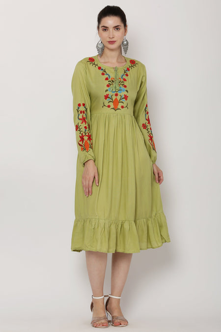 PAVONINE Pista Color Flower Embroidery Dress For Women