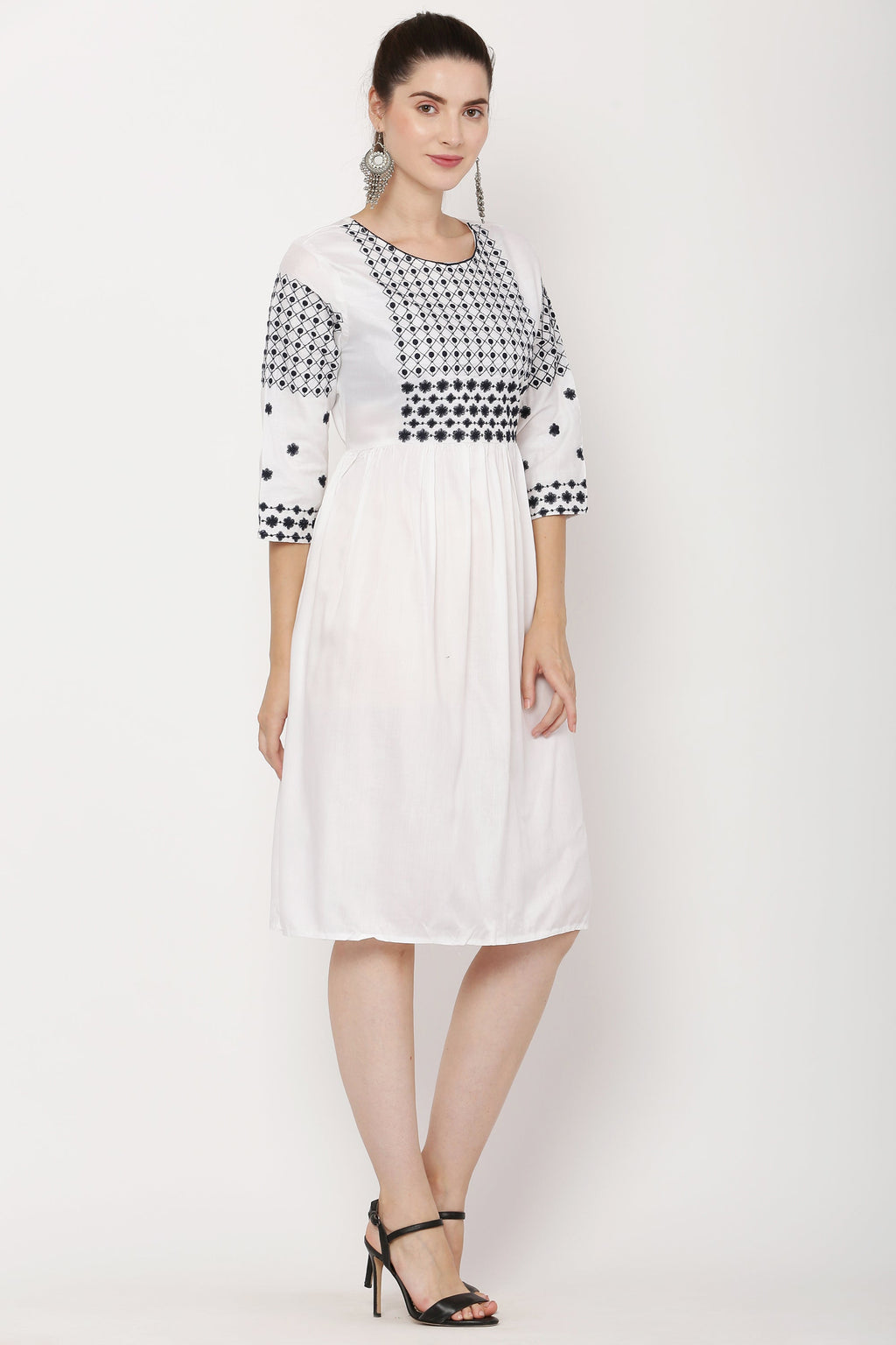 PAVONINE White Color Polka Dots Embroidery Dress For Women - Distacart