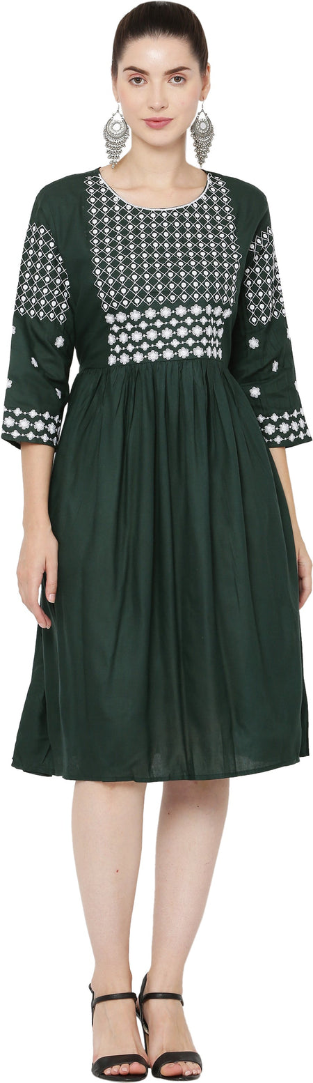 PAVONINE Bottle Green Color Polka Dots Embroidery Dress For Women