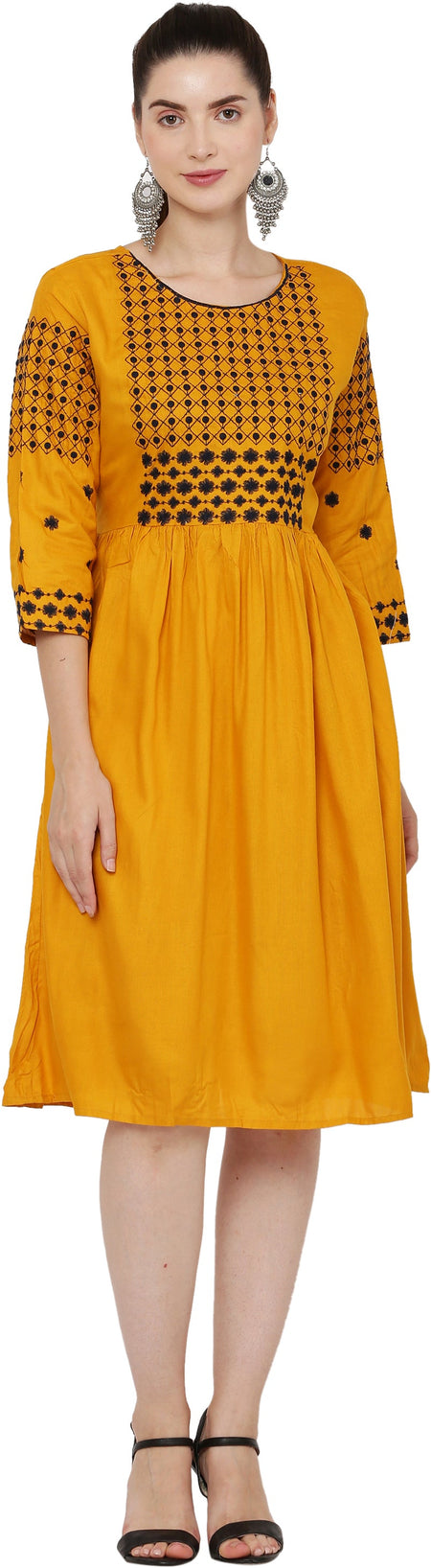 PAVONINE Mustard Color Polka Dots Embroidery Dress For Women