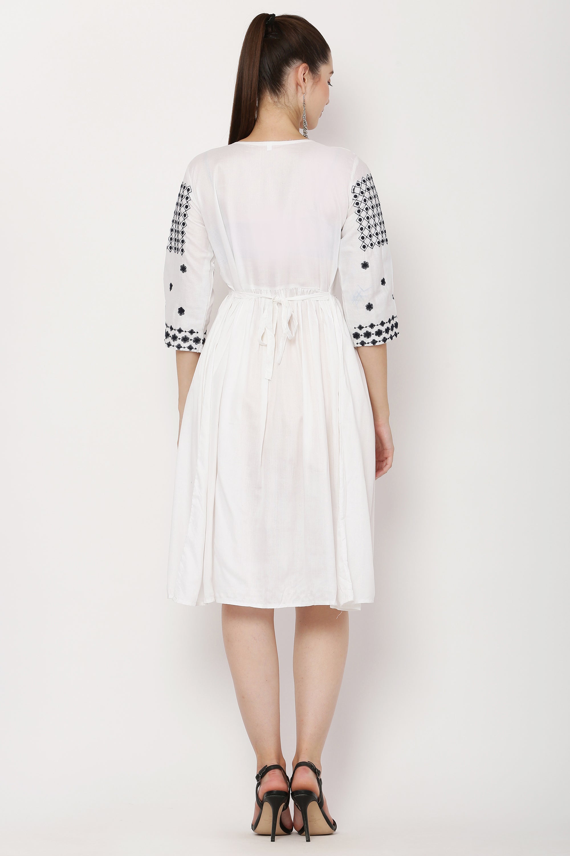 PAVONINE White Color Polka Dots Embroidery Dress For Women - Distacart