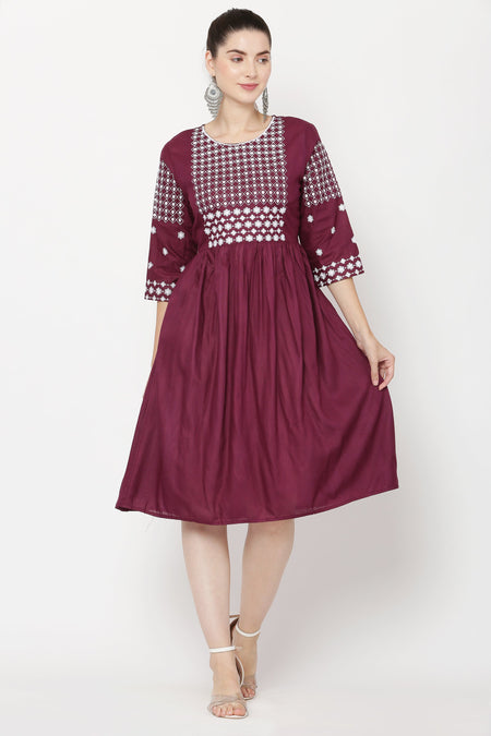 PAVONINE Wine Color Polka Dots Embroidery Dress For Women