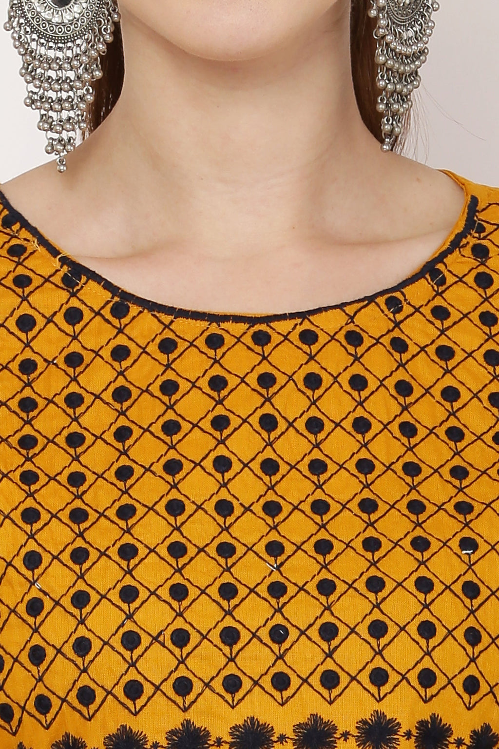 PAVONINE Mustard Color Polka Dots Embroidery Dress For Women - Distacart