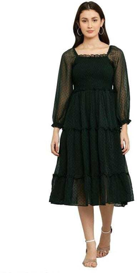 PAVONINE Buta-Design With Square-Neck Bottle Green Dress For Girls & Women