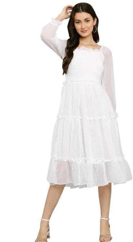 PAVONINE Buta-Design With Square-Neck White Dress For Girls & Women