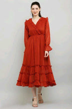 PAVONINE Buta-Design With V-Neck Red Dress For Girls & Women - Distacart