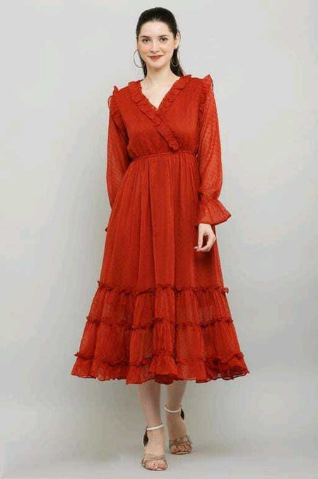 PAVONINE Buta-Design With V-Neck Red Dress For Girls & Women