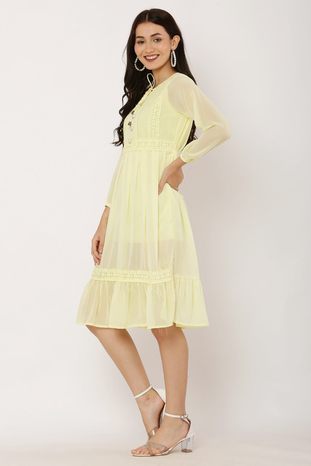 PAVONINE Lemon Color Georgette Fabric Lace Inserts Dress For Girls - Distacart