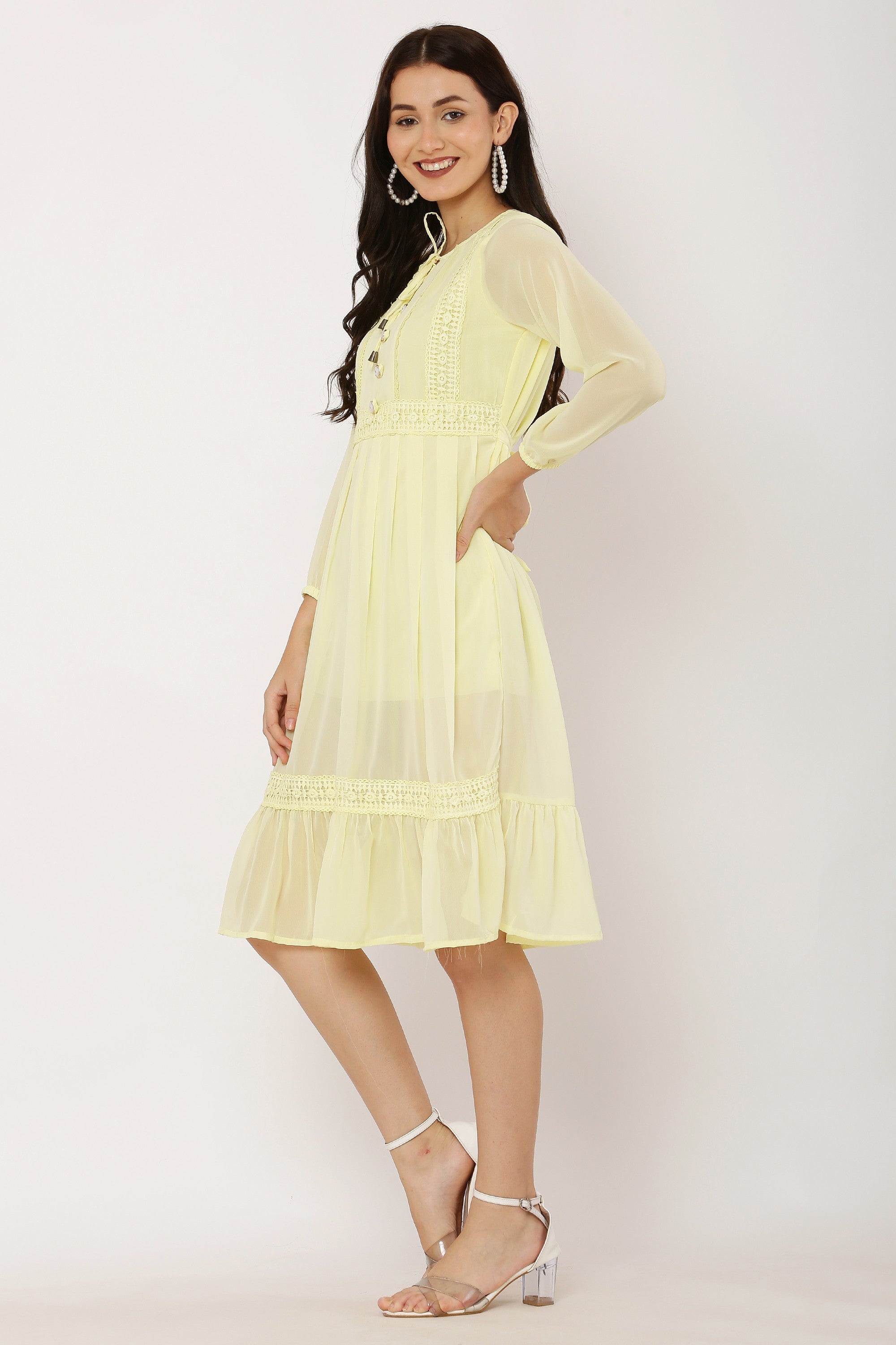 PAVONINE Lemon Color Georgette Fabric Lace Inserts Dress For Girls - Distacart