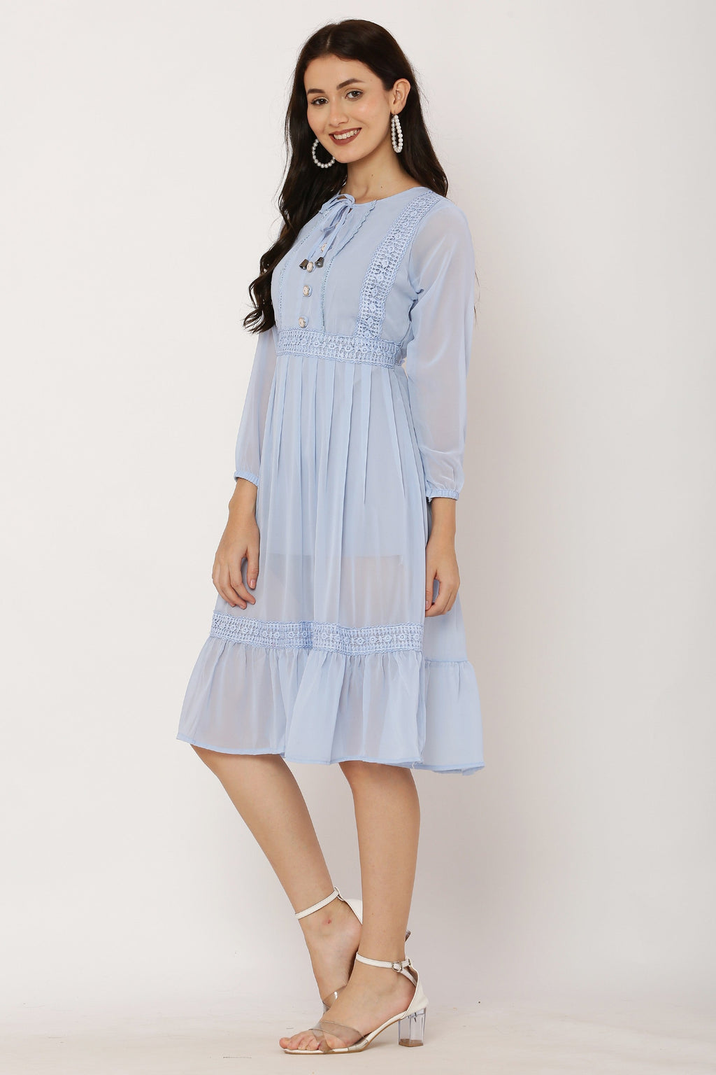 PAVONINE Sky Blue Color Georgette Fabric Lace Inserts Dress For Girls - Distacart