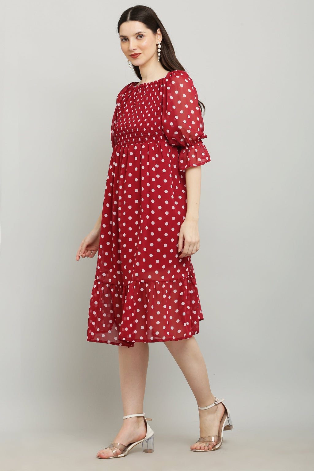 PAVONINE Polka Dots Body Kansai Maroon Dress For Women - Distacart