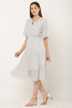 PAVONINE Micro Dots V-Neck Georgette Fabric White Dress For Women - Distacart