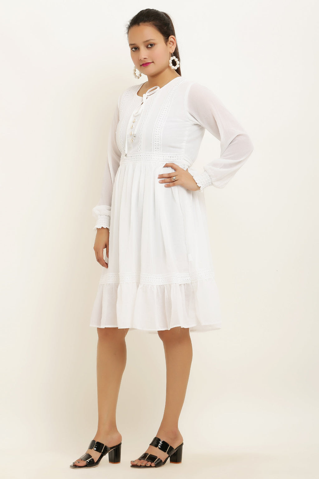 PAVONINE White Color Georgette Fabric Lace Inserts Midi For Girls - Distacart