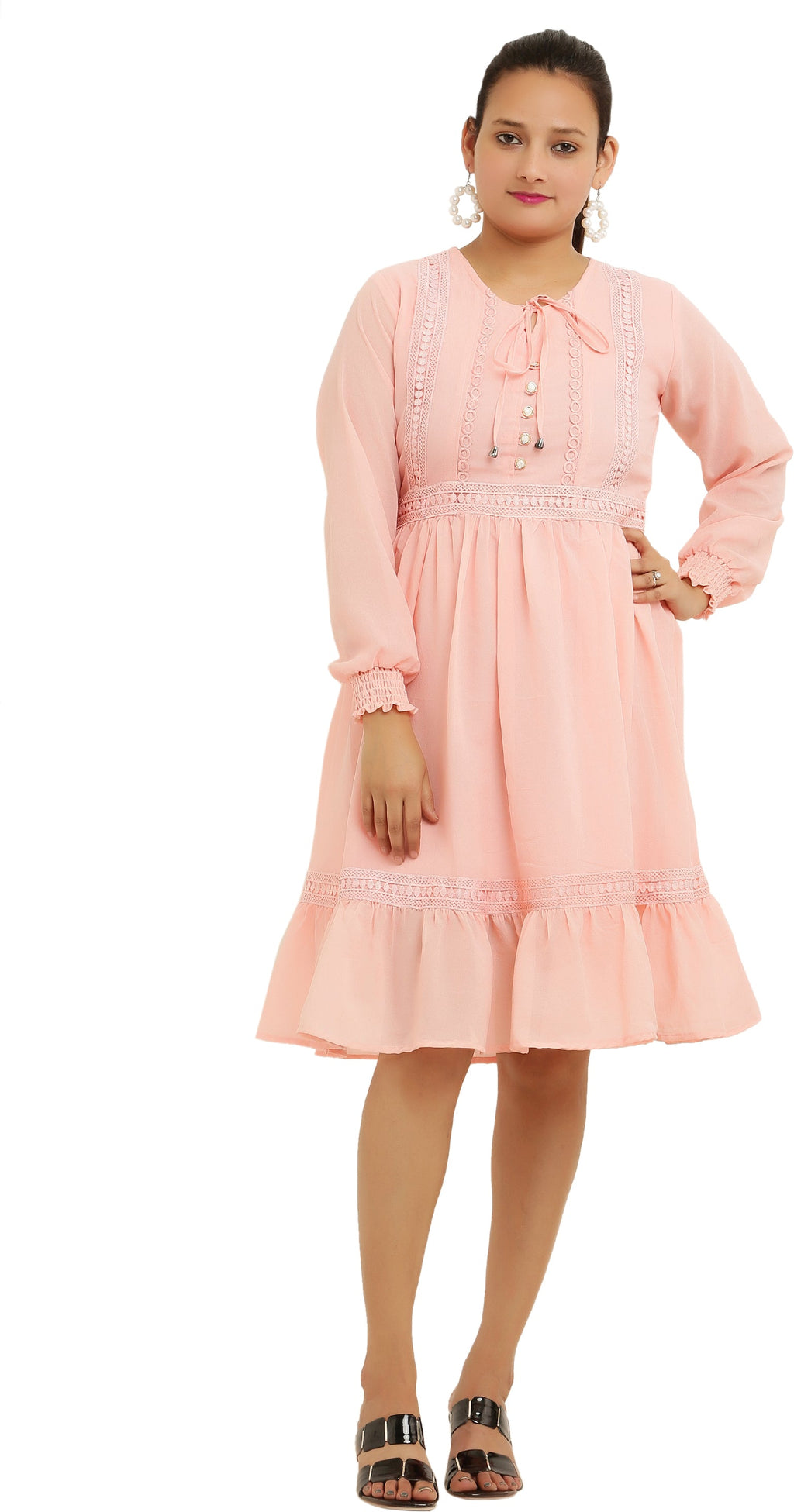 PAVONINE Peach Color Georgette Fabric Lace Inserts Midi For Girls - Distacart