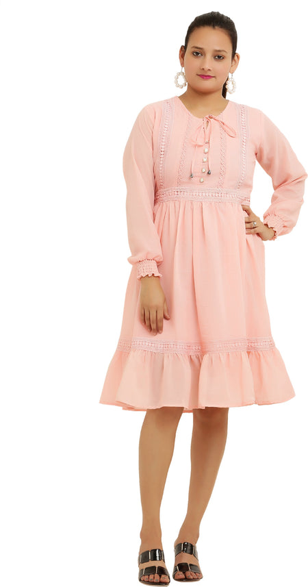 PAVONINE Peach Color Georgette Fabric Lace Inserts Midi For Girls