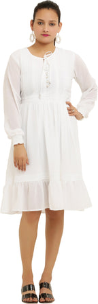 PAVONINE White Color Georgette Fabric Lace Inserts Midi For Girls - Distacart