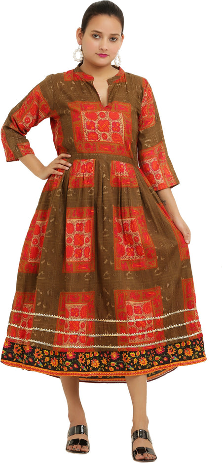 PAVONINE Jaipuri Block Print Mehandi Color Dress For Girls & Women