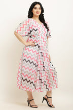 PAVONINE Zig-Zag Printed Georgette Fabric Peach Dress For Women - Distacart