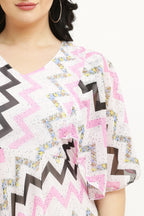 PAVONINE Zig-Zag Printed Georgette Fabric Pink Dress For Women - Distacart