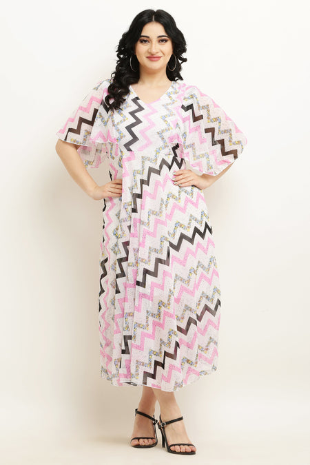 PAVONINE Zig-Zag Printed Georgette Fabric Pink Dress For Women