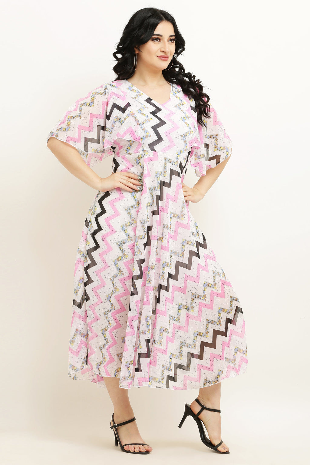 PAVONINE Zig-Zag Printed Georgette Fabric Pink Dress For Women - Distacart