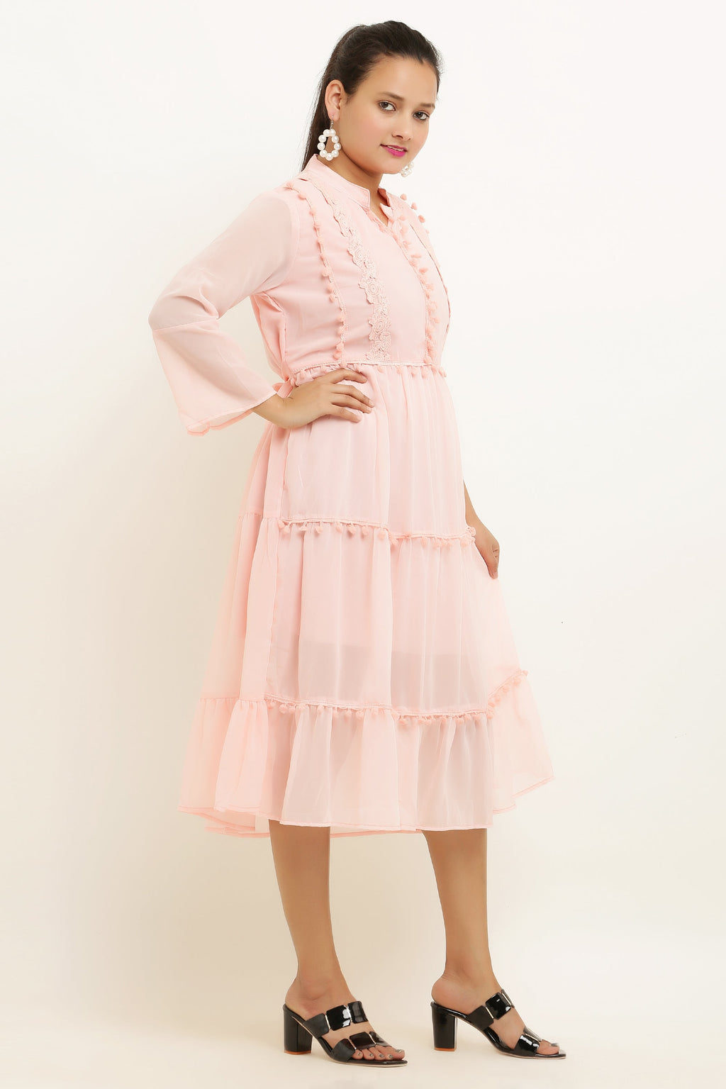 PAVONINE Pum Pum & Lace Inserted Pink Color Dress For Girls & Women - Distacart