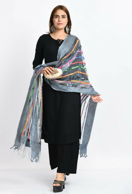 Mominos Fashion Moeza Women's Orgenza Multi Thread Mirror Work Grey Dupatta