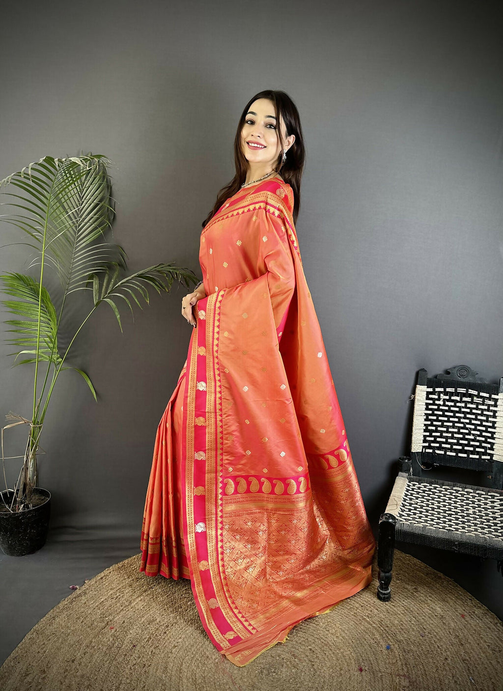 Joban Fashion Peach Banarasi Soft Silk Woven Saree - Distacart