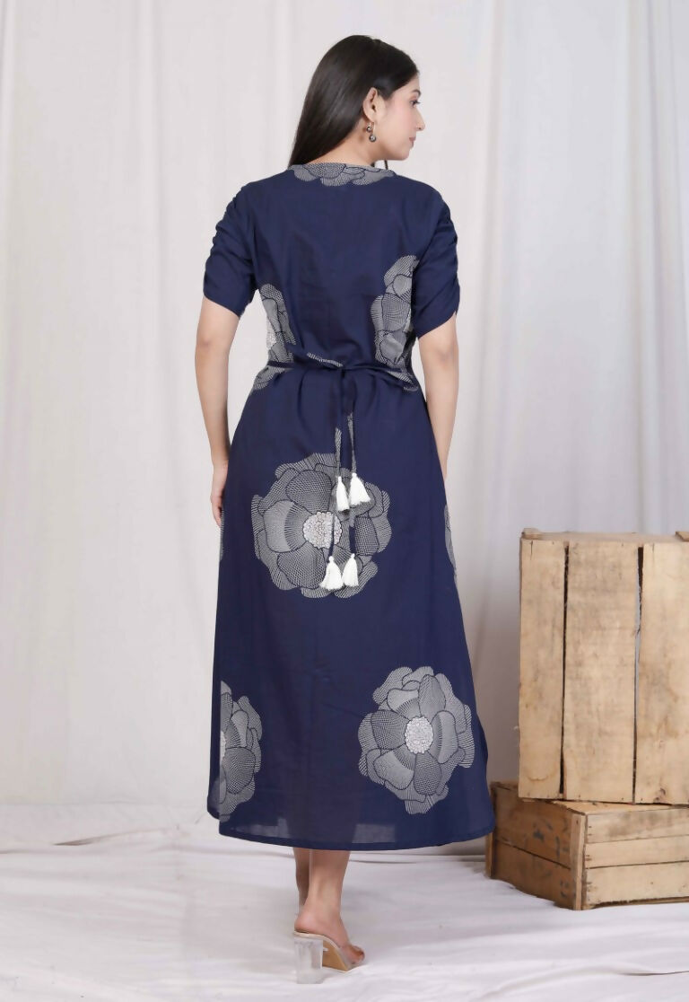 Miravan Women's Blue Floral Printed Front Buttoned A-Line Maxi Dress