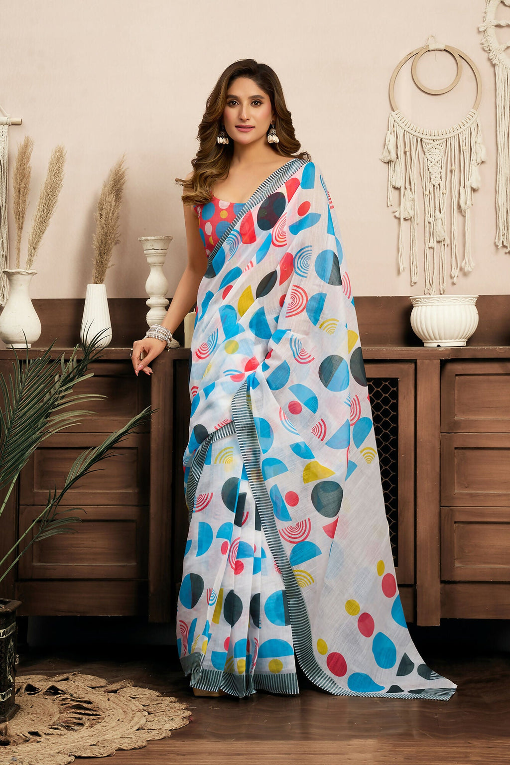 Vastranavya Multicolor Digital Printed Linen Ready To Wear Designer Saree with Unstitched Blouse - Distacart