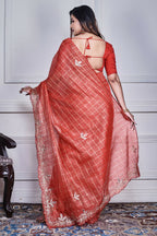 Morchari Red Kota Check Zari Embroidery Saree Unstitched Blouse - Distacart