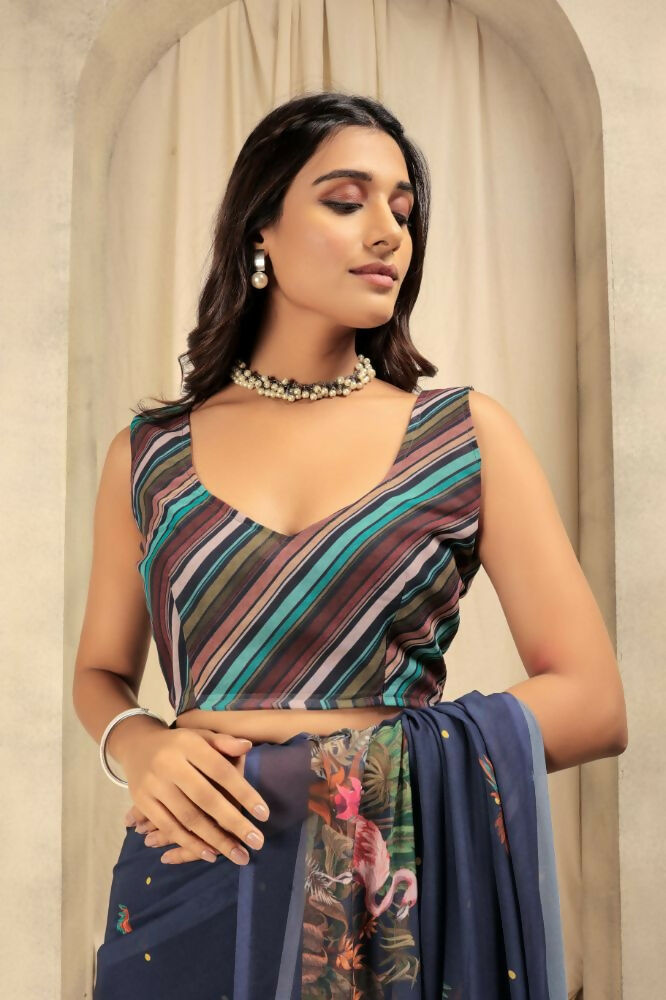 Navy Blue Georgette Designer Printed Party Wear Saree - Cinderella