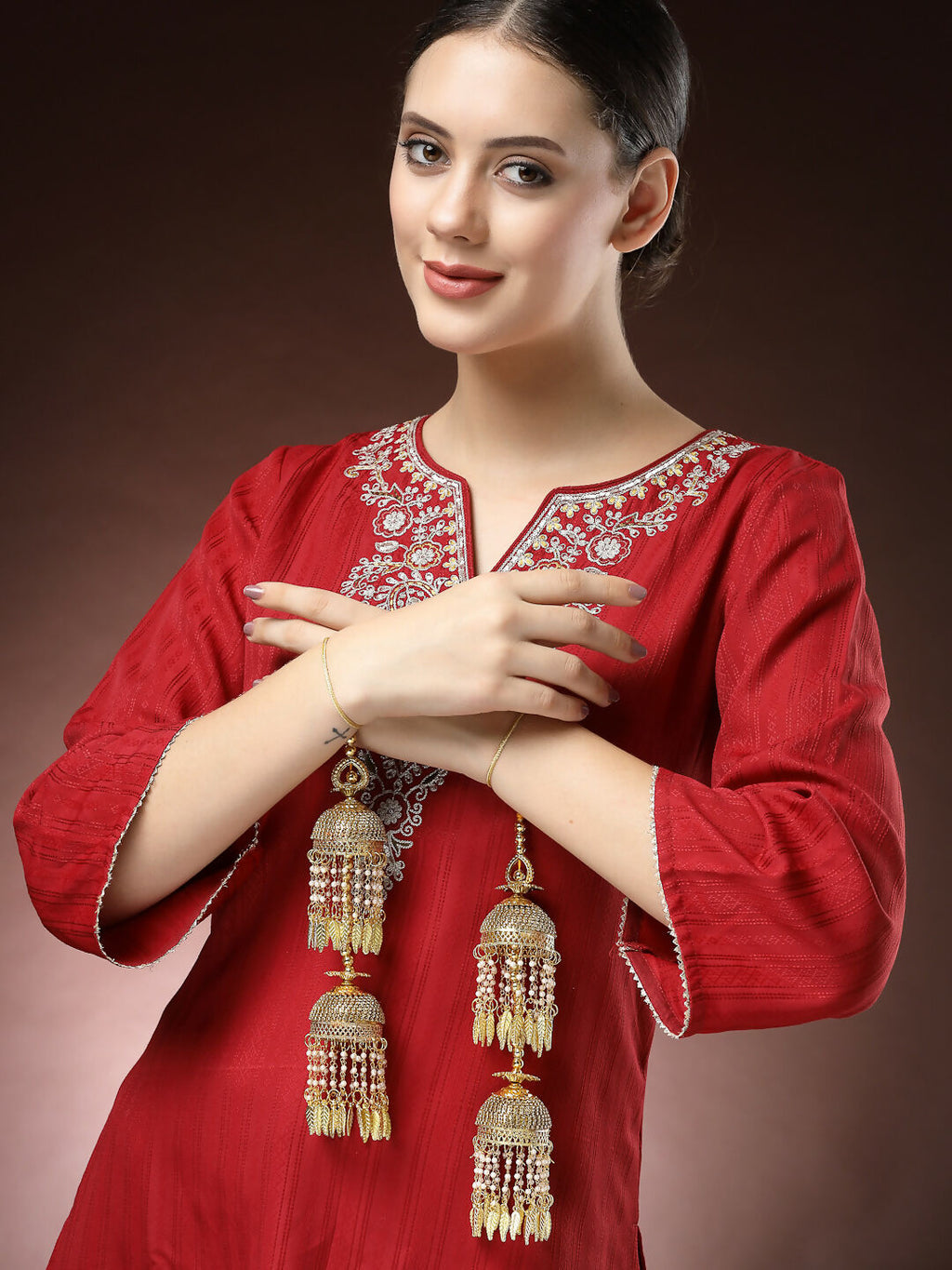 NVR Women's Pack Of 2 Gold-Polished Stone Studded Bridal Layered Kaleera Sets - Distacart