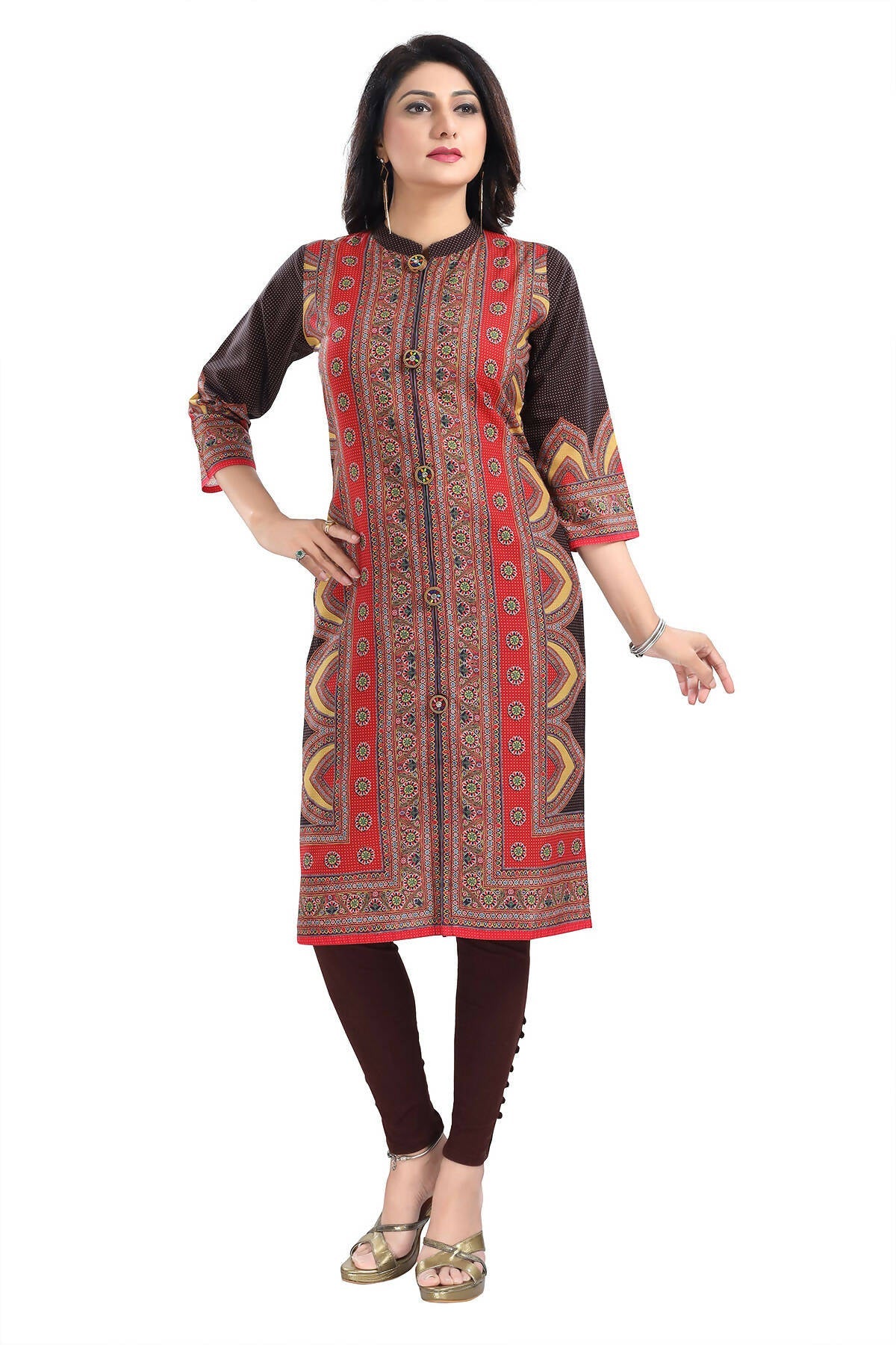 Snehal Creations Bombastic Brown Designer Digital Print Cotton Slub Fabric Long Kurti Tunic - Distacart