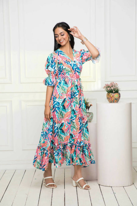 Myshka Women Multi Floral Polyester A-Line V-Neck Dress
