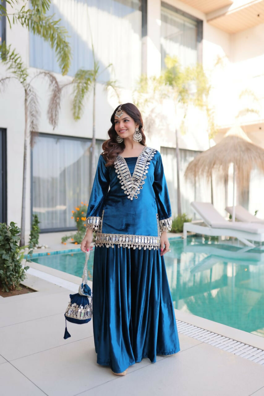 Joban Fashion Rama Velvet Embroidery Sequence Work Readymade Kurta Set - Distacart
