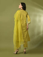 Myshka Women's Yellow Printed Cotton Straight Party Kurta Set With Dupatta
