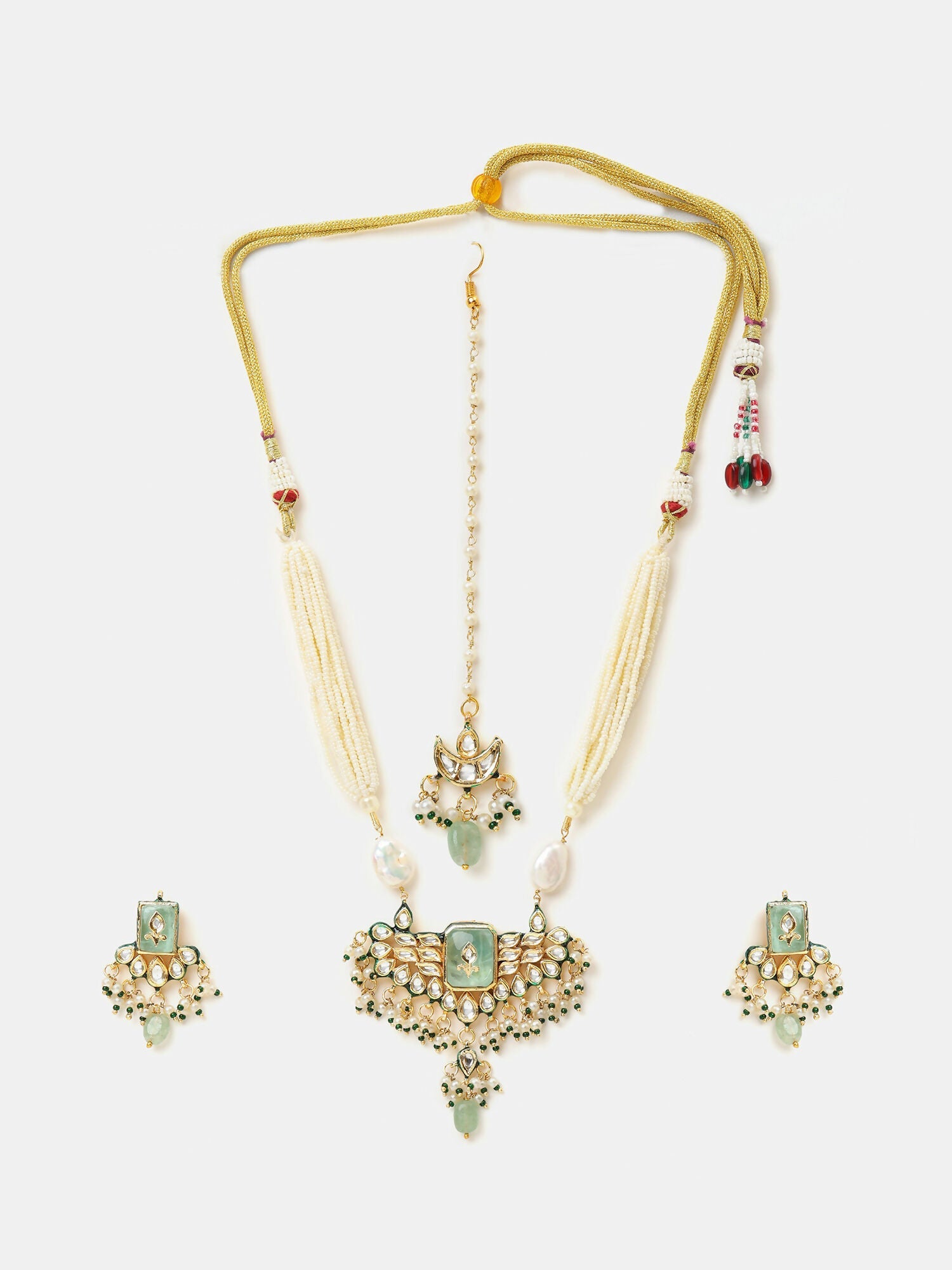 Ruby Raang Pearl Glow Necklace With Matching Earrings And Maang Tikka - Distacart