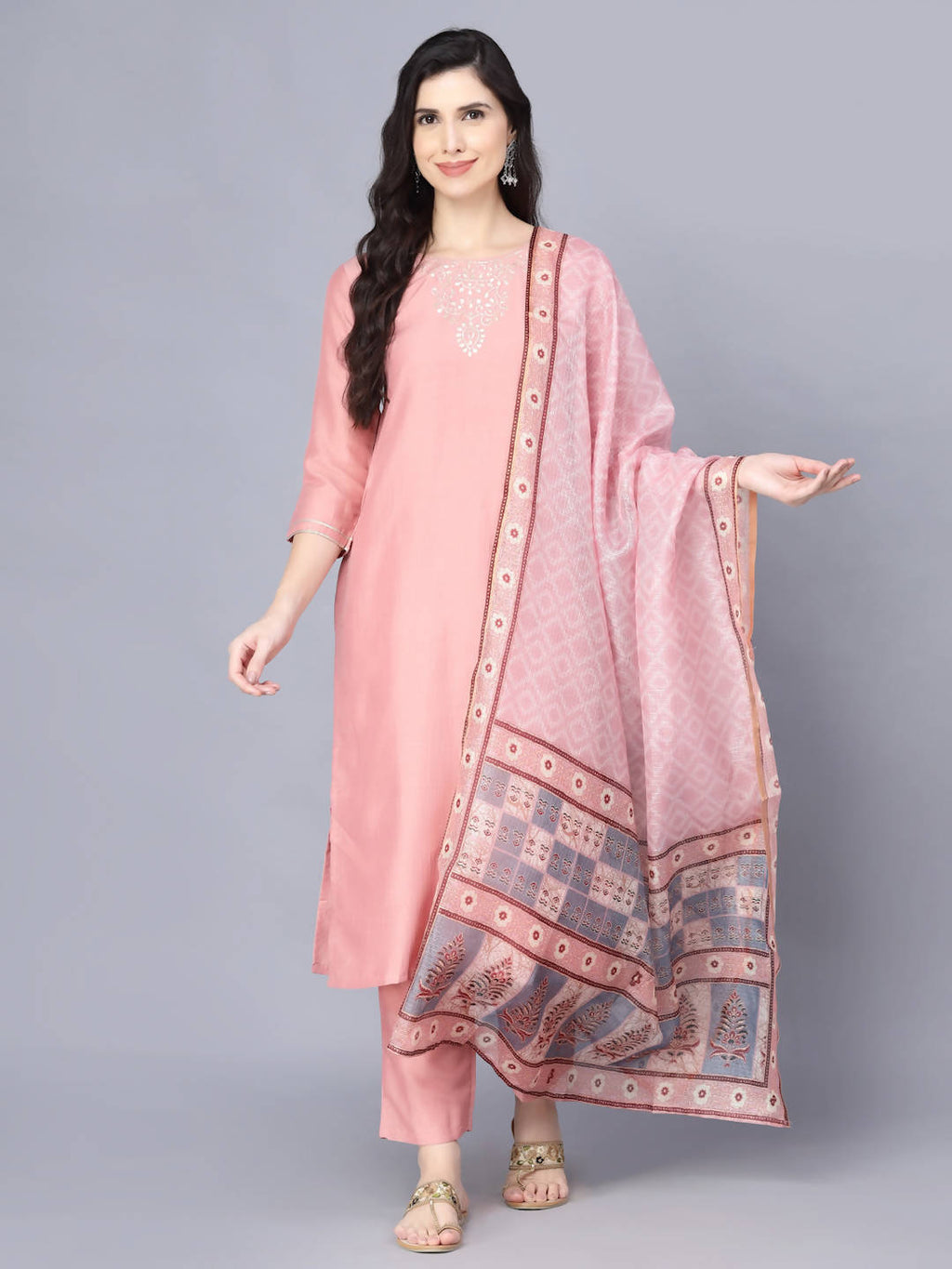 Myshka Women Peach-Coloured Layered Kurta with Trousers With Dupatta - Distacart