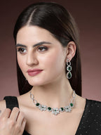 NVR Women's Green & Silver-Plated American Diamond Handcrafted Jewellery Set