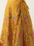 House of Panchhi Mustard Net Semi stitched Coding, Sequins & Saroski Stone Work Lehenga Choli