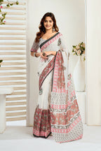 Vastranavya Green Digital Printed Linen Ready To Wear Designer Saree with Unstitched Blouse - Distacart
