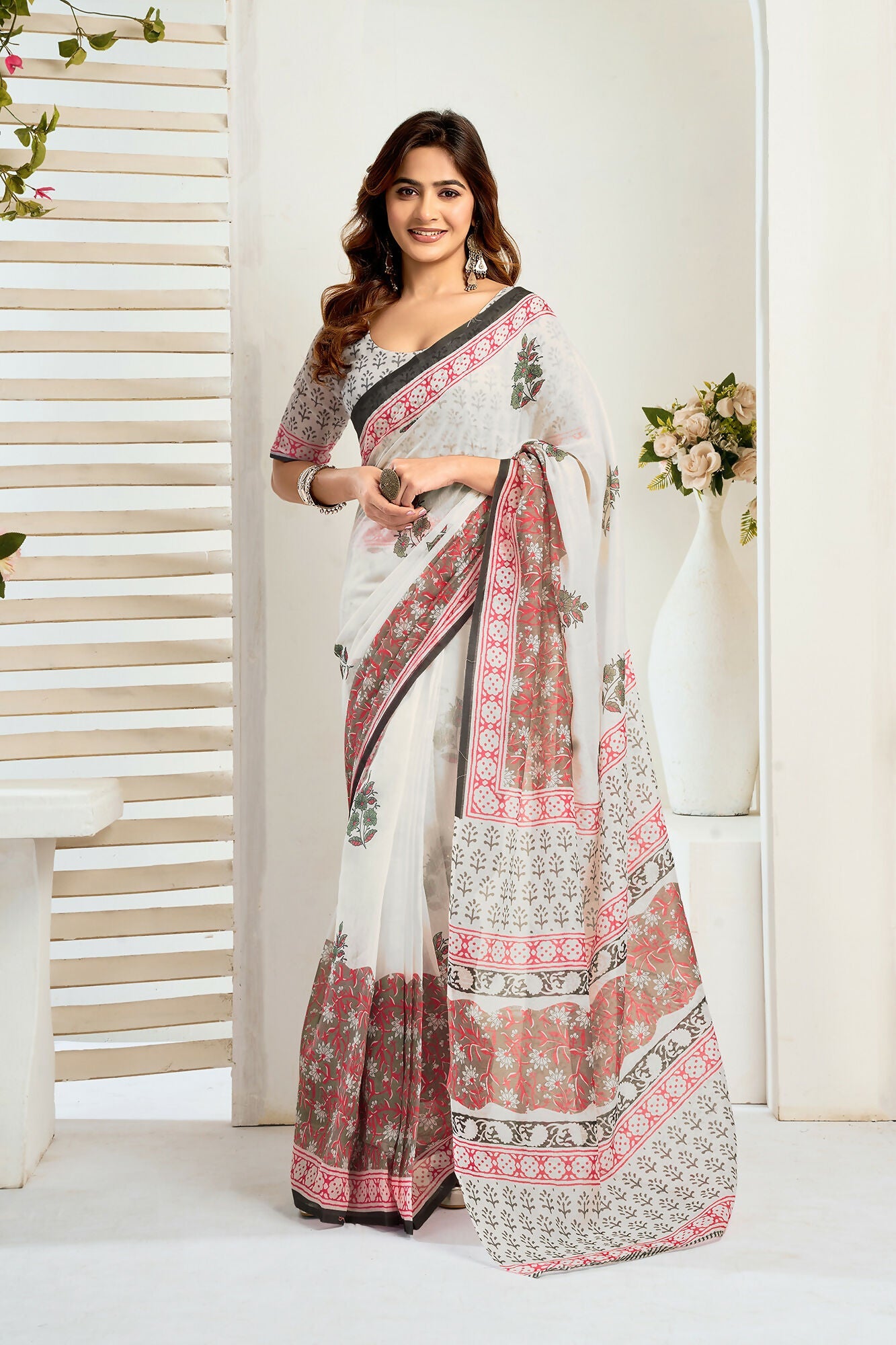Vastranavya Green Digital Printed Linen Ready To Wear Designer Saree with Unstitched Blouse - Distacart