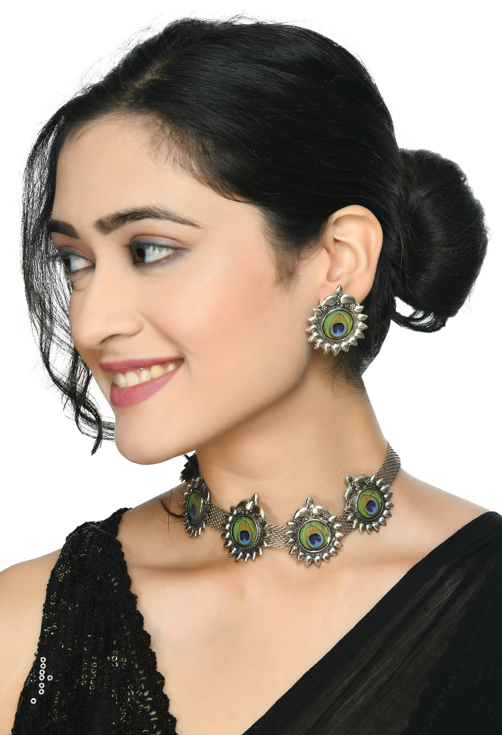 Mominos Fashion Johar Kamal Oxidised Silver-Plated Peacock Wings Work Necklace Handicraft - Distacart