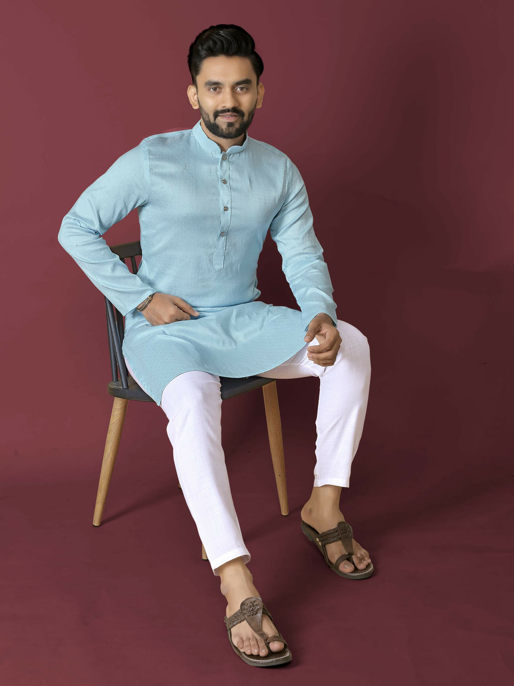 Anaita Sky Blue Solid Soft Jacquard Silk Straight Kurta