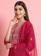 Vellora Rani Pink Embroidered Readymade Suit in Silk Blend for Daily Wear