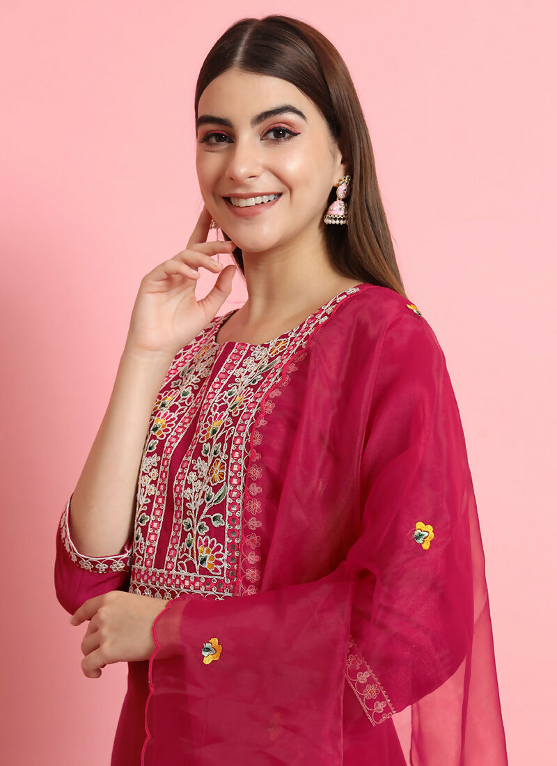 Vellora Rani Pink Embroidered Readymade Suit in Silk Blend for Daily Wear